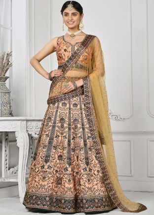 Peach Digital Print Satin Lehenga Choli