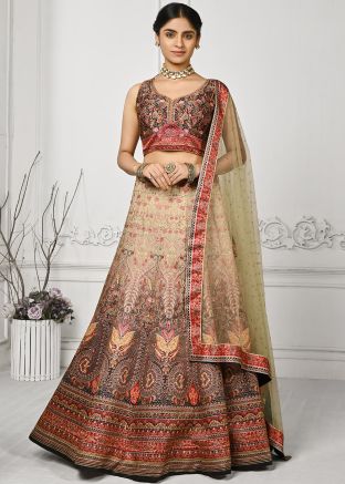 Beige Digital Printed Lehenga Choli In Satin