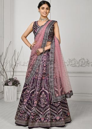 Purple Stone Embellished Satin Lehenga Choli