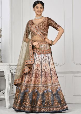 Shaded Brown Satin Lehenga Choli In Digital Print