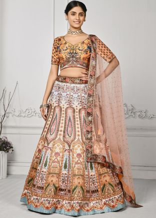 Shaded Cream Digital Print Satin Lehenga