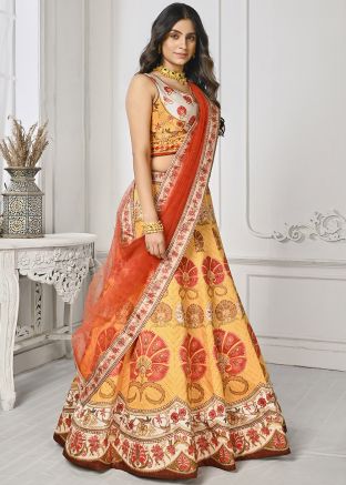 Yellow Digital Floral Print Satin Lehenga Choli