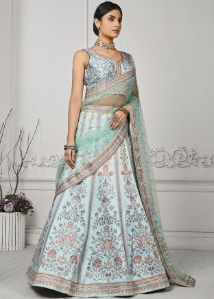 Blue Satin Lehenga Choli In Digital Floral Print