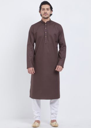 Brown Cotton Linen Readymade Kurta Churidar