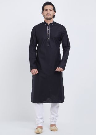 Black Linen Readymade Kurta With Churidar