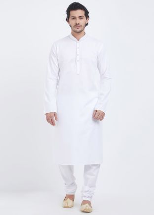 White Cotton Readymade Kurta With Churidar