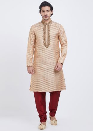 Beige Art Silk Woven Kurta With Churidar