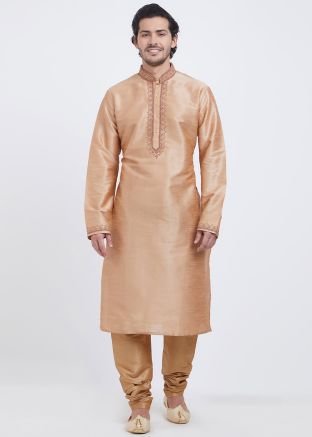 Beige Art Silk Readymade Kurta Churidar