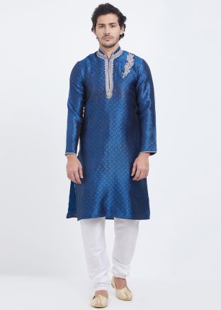 Blue Brocade Readymade Kurta With Churidar