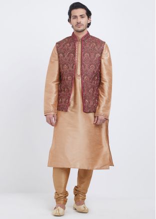 Golden Embroidered Art Silk Kurta With Jacket