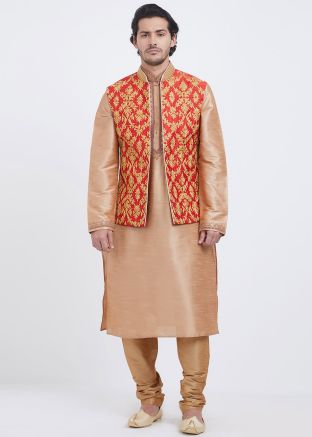 Readymade Golden Kurta Churidar With Nehru Jacket