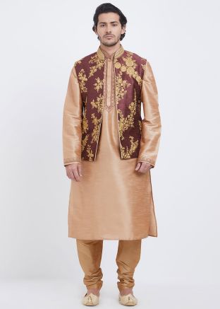 Golden Art Silk Kurta With Maroon Nehru Jacket