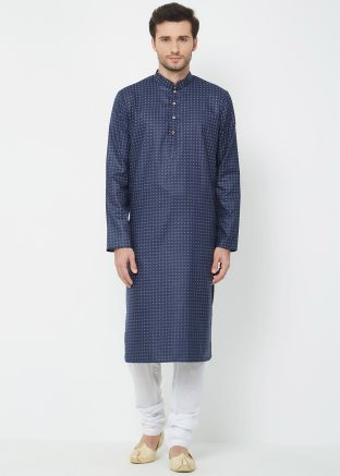 Navy Blue Readymade Printed Kurta With Churidar