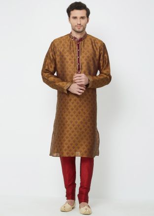 Brown Printed Readymade Kurta With Churidar
