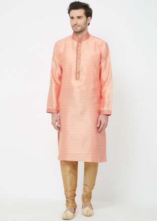 Orange Brocade Readymade Kurta Churidar