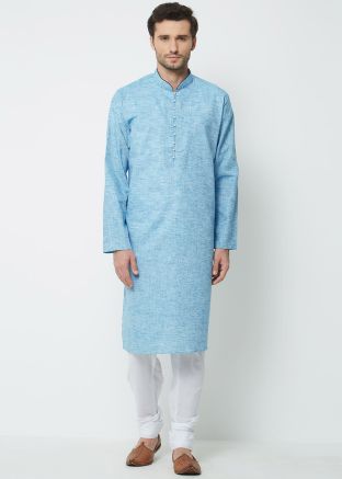 Light Blue Cotton Readymade Kurta Pajama