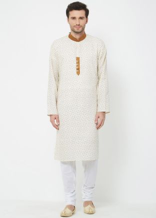 Readymade Cotton Printed Kurta Pajama In White