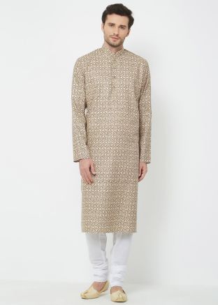 Readymade Cotton Printed Kurta Pajama In Beige