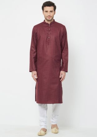 Maroon Readymade Cotton Printed Kurta Pajama