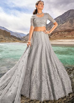 Grey Organza Lehenga Choli In Thread Embroidery