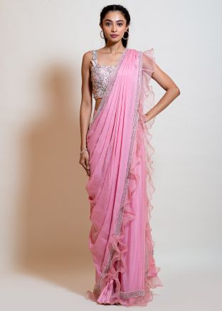 Pink Pre-Stitched Ruffled Saree With Embellished Blouse