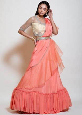 Peach Ruffled Lehenga Style Saree With Heavy Blouse