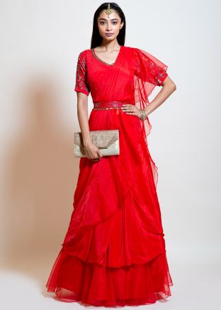 Red Twin Layered Ruffled Lehenga Style Saree