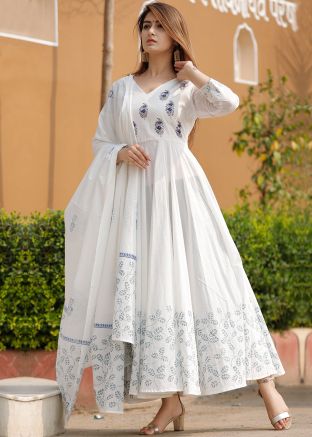 White Block Printed Readymade Anarkali With Dupatta