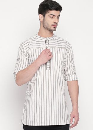White Readymade Printed Short Kurta For Men