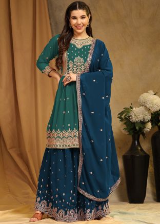 Green Embroidered Georgette Flared Style Lehenga 