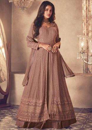 Brown Georgette Kurti Style Lehenga In Thread Embroidery