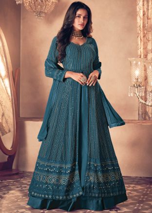 Teal Green Embroidered Kurti Style Georgette Lehenga 