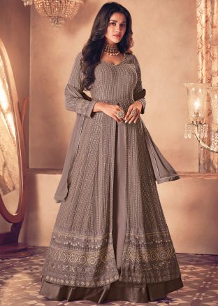 Brown Embroidered Kurti Style Lehenga In Georgette