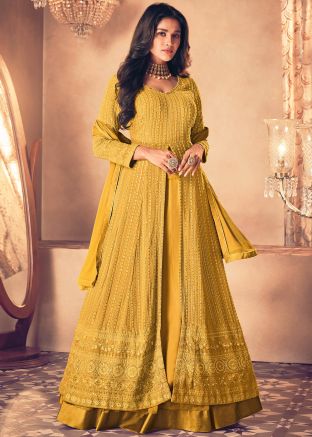Yellow Georgette Kurti Style Lehenga In Thread Embroidery