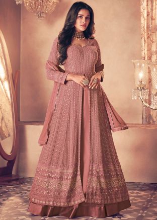 Mauve Pink Embroidered Kurti Style Georgette Lehenga