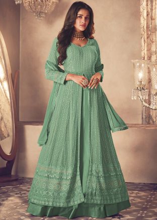 Green Embroidered Georgette Lehenga In Kurti Style 