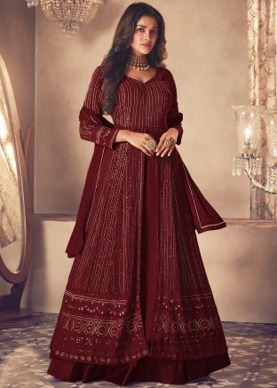 Maroon Embroidered Kurti Style Lehenga In Georgette