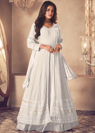 White Georgette Kurti Style Lehenga In Thread Embroidery