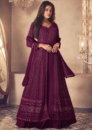 Purple Embroidered Georgette Lehenga In kurti Style