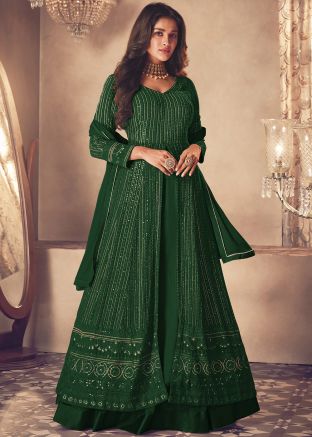 Green Embroidered Kurti Style Lehenga In Georgette 