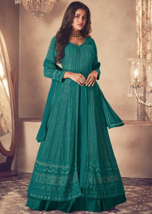 Teal Blue Embroidered Georgette Lehenga In Kurti Style