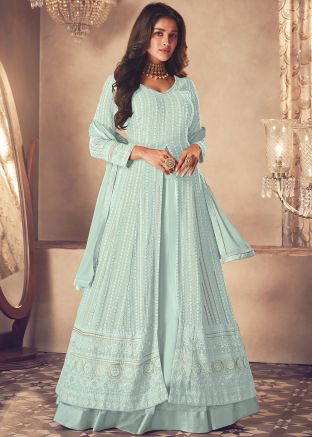 Pastel blue Georgette Kurti Style Lehenga In Thread Embroidery