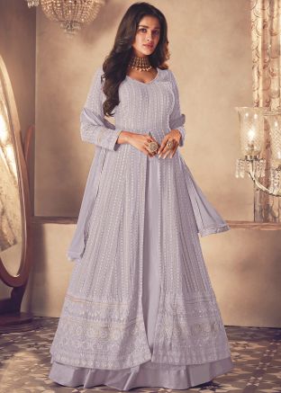 Lavender Purple Embroidered Georgette Kurti Style Lehenga 