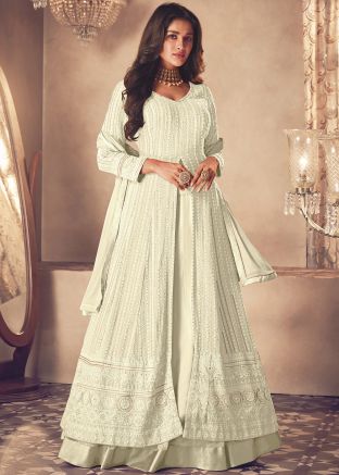 Off White Georgette Kurti Style Lehenga In Thread Embroidery
