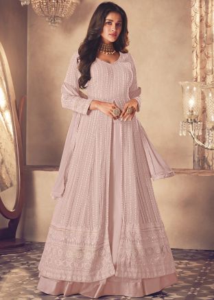 Pastel Pink Embroidered Georgette Lehenga In kurti Style