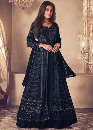 Navy Blue Embroidered Kurti Style Georgette Lehenga