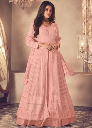 Peach Thread Embroidered Kurti Style Georgette Lehenga 