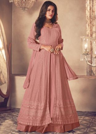 Peach Thread Embroidered Kurti Style Georgette Lehenga 