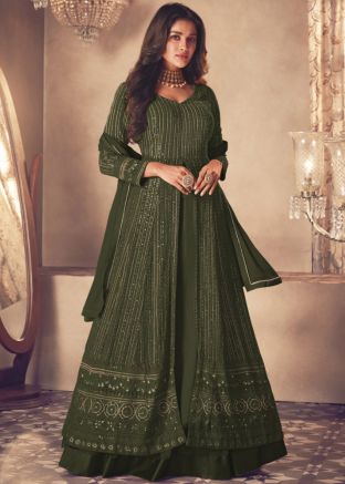 Green Embroidered Kurti Style Lehenga In Georgette 