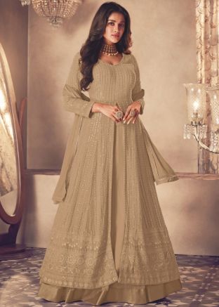 Beige Georgette Kurti Style Lehenga In Thread Embroidery